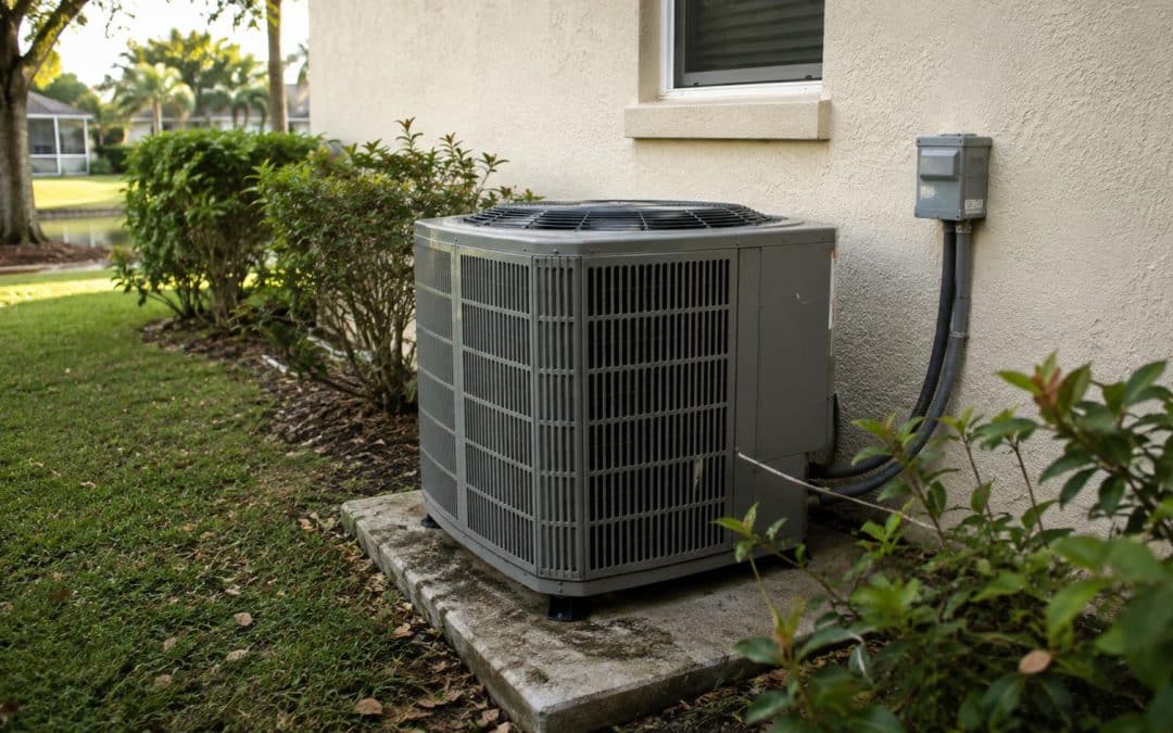 Outdoor AC condenser unit on a concrete pad at a Florida waterfront home with a screened lanai visible in the background.