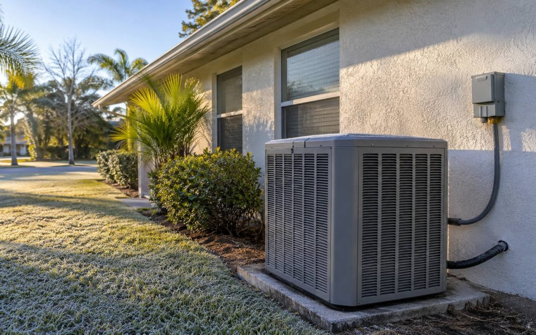Outdoor heat pump unit beside a single-story Northeast Florida ranch home with frost on the lawn in early winter light.